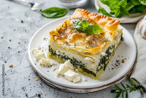 Greek spanakopita with feta and spinach on white plate gray concrete background Room for text
