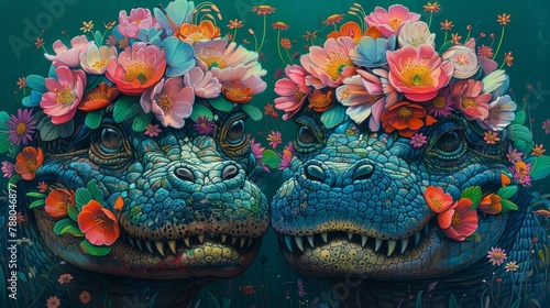 Two alligators with flower crowns made of various flowers.
