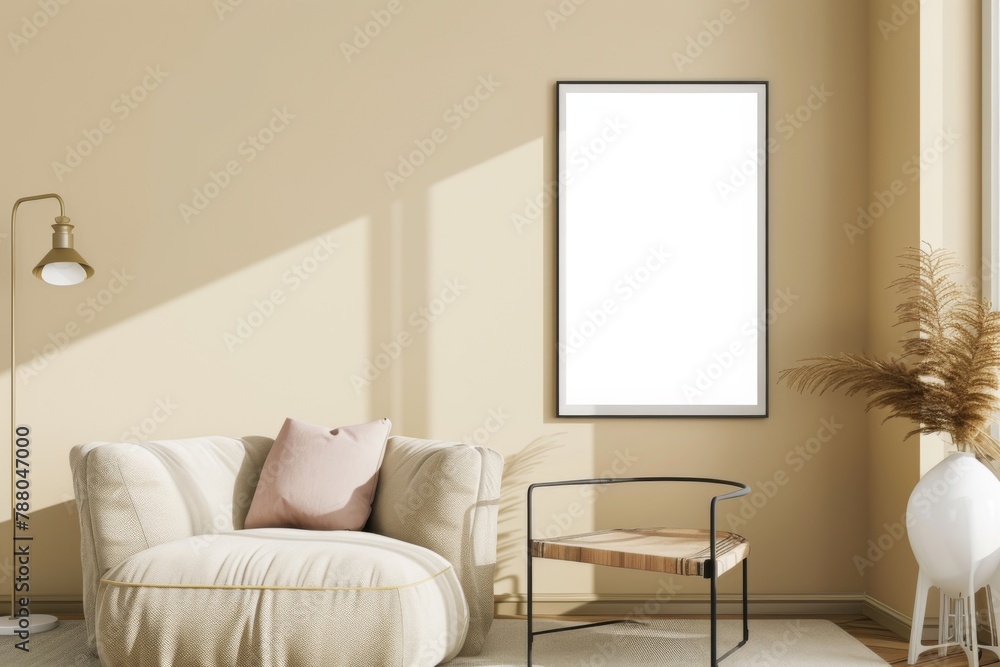 Fototapeta premium Beige Scandinavian Interior with Poster Mockup created with Generative AI