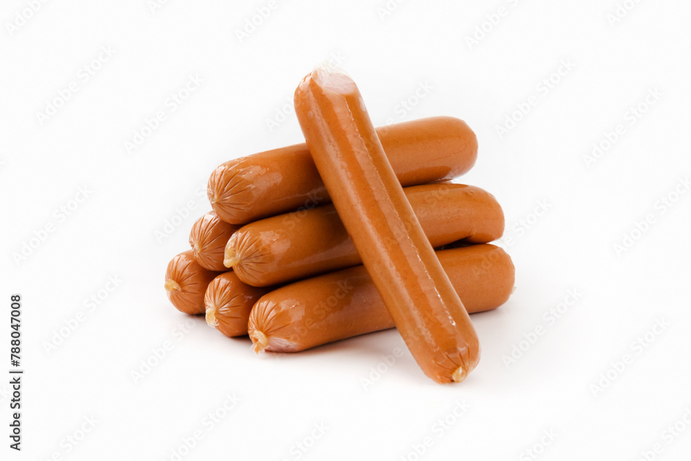Group of sausages in wrapper on white isolated background Group of sausages in wrapper on white isolated background