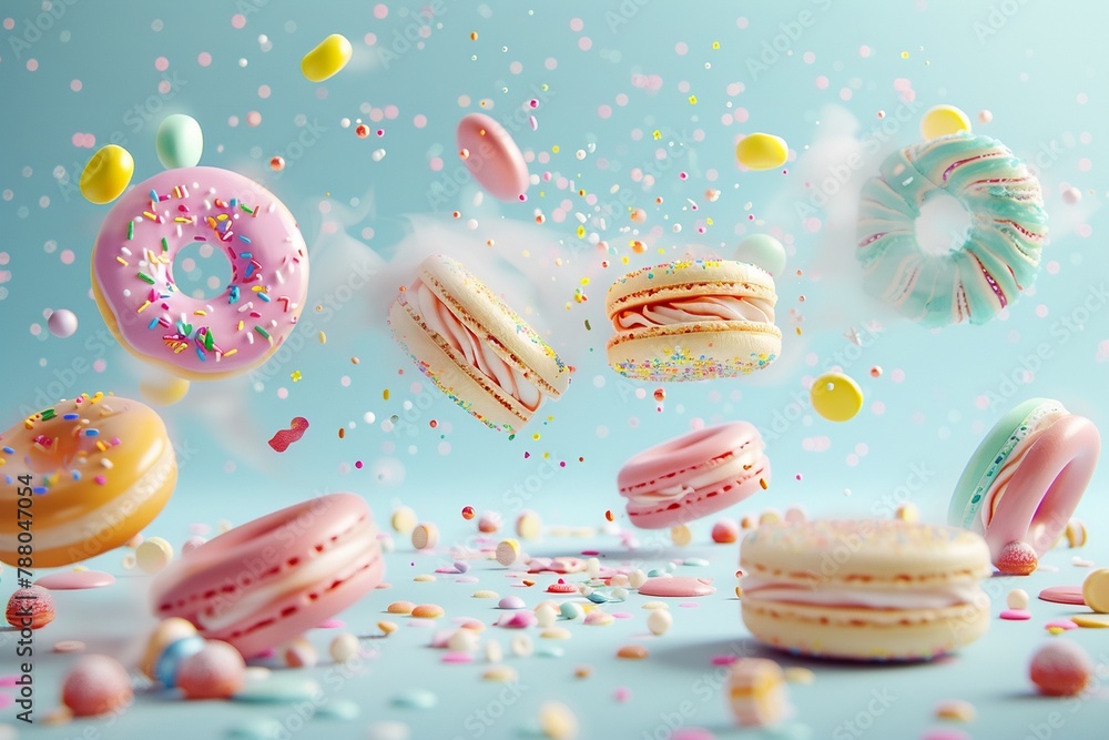 donuts, macarons, and an assortment of candy are suspended in mid-air against a light blue backdrop donuts, macarons, and an assortment of candy are suspended in mid-air against a light blue backdrop
