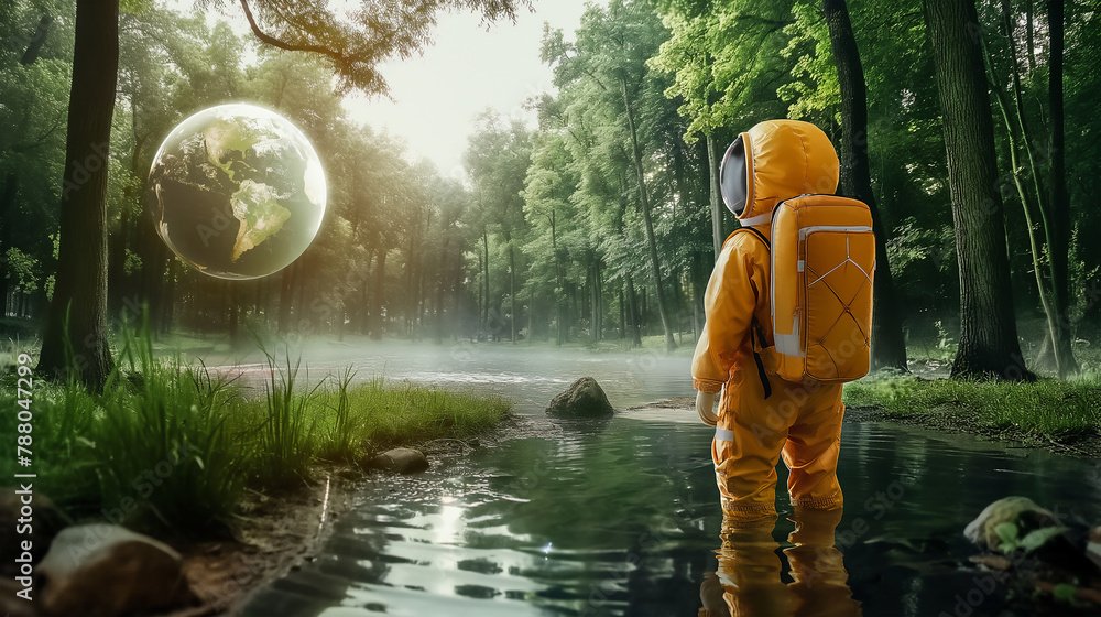 Fototapeta premium Environmental Protection: child astronaut, looking at Earth-like sphere, in a vibrant orange suit, standing in a stream 
