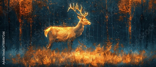 Artistic depiction of a deer in a rich woodland setting, crafted in shimmering gold lines on a sumptuous art background, symbolizing grace and nobility photo
