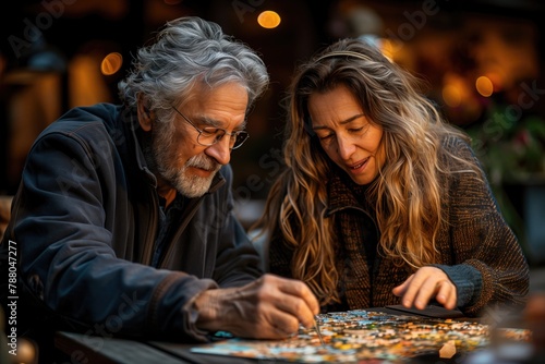 A couple sits together on their backyard patio, engrossed in a lively conversation as they work on a jigsaw puzzle, their faces lit up with joy and camaraderie as they bond over this relaxing hobby