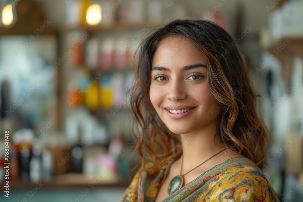 Satisfied and happy brunette female client with short hair on hairstyle in a beauty salon Satisfied and happy brunette female client with short hair on hairstyle in a beauty salon