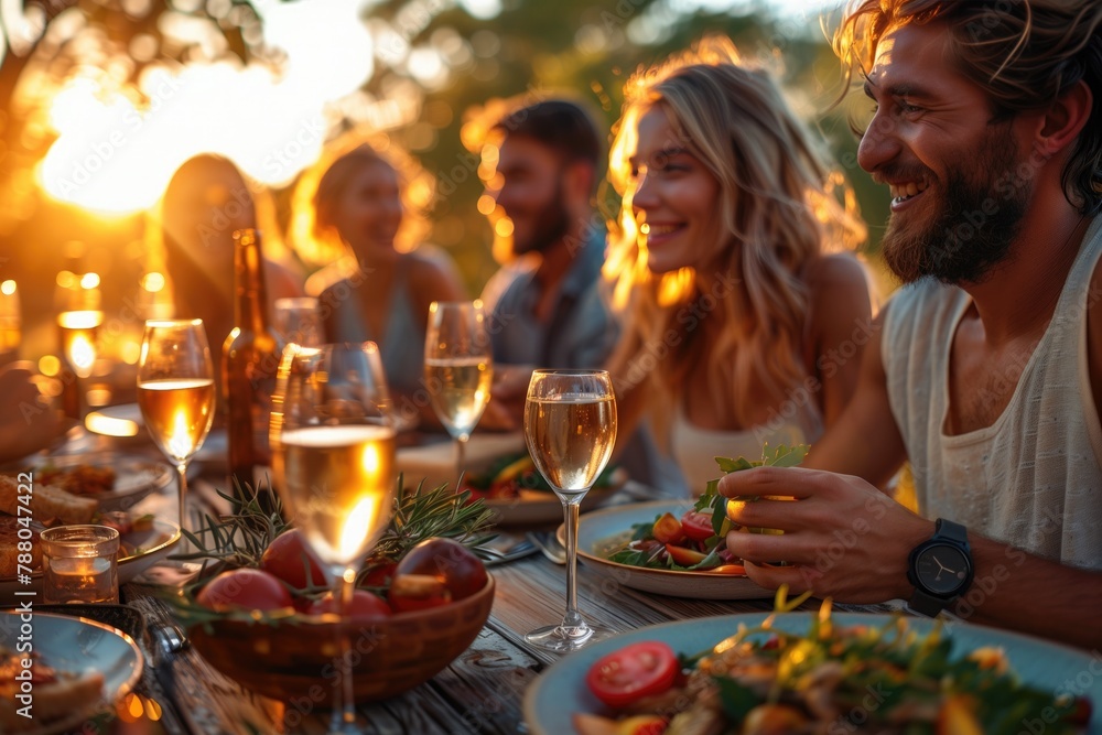 a group of friends gathers around the same table, bathed in the gentle glow of the setting sun, sharing laughter and conversation as they bond over a delicious homemade dinner
