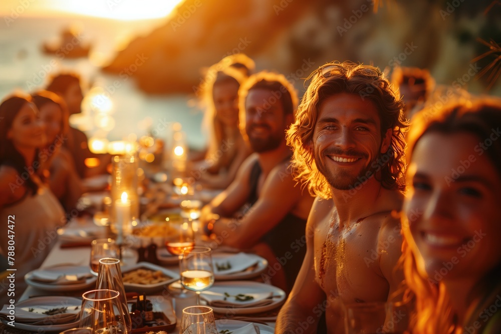 a group of friends gathers around the same table, bathed in the gentle glow of the setting sun, sharing laughter and conversation as they bond over a delicious homemade dinner 