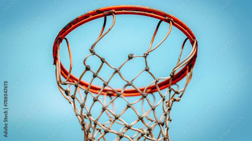 A basketball net with a worn netting and a rusty rim