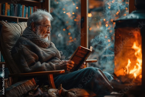 Against the backdrop of a crackling fireplace, a man reclines in a comfortable armchair, lost in the pages of a captivating book, finding solace and escape from the world through the power of literatu