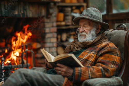 Against the backdrop of a crackling fireplace, a man reclines in a comfortable armchair, lost in the pages of a captivating book, finding solace and escape from the world through the power of literatu photo