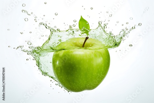 Fresh Green apple and splash of water on white background