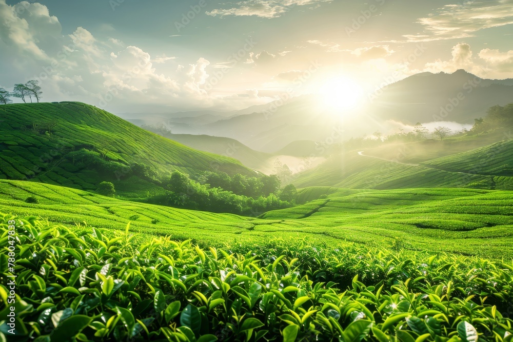 Fototapeta premium Green tea plantation at sunrise natural backdrop