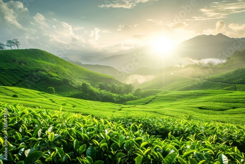 Green tea plantation at sunrise natural backdrop