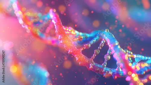 A vibrant illustration of a DNA helix transforming into RNA and proteins, using bright colors and natural light for emphasis. , natural light, soft shadows, with copy space