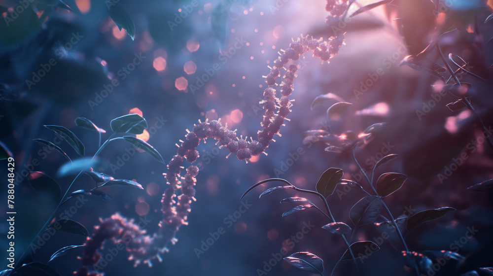 An animated-style frame showing the action of RNA polymerase on DNA during transcription, lit by natural light to add depth. , natural light, soft shadows, with copy space An animated-style frame showing the action of RNA polymerase on DNA during transcription, lit by natural light to add depth. , natural light, soft shadows, with copy space