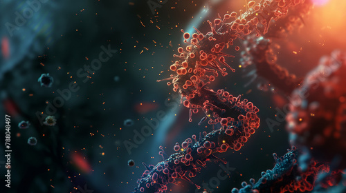 An animated-style frame showing the action of RNA polymerase on DNA during transcription, lit by natural light to add depth. , natural light, soft shadows, with copy space photo