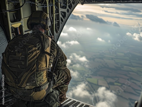 A paratrooper preparing to jump from an aircraft, equipped with a parachute and full gear