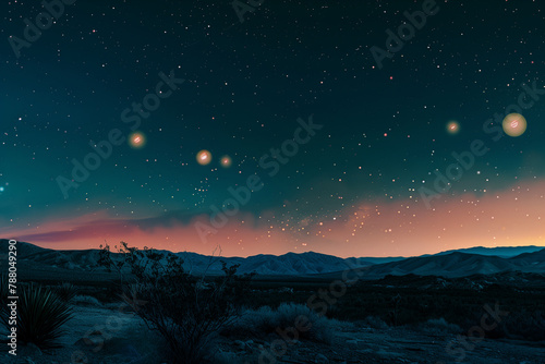 Planetary Alignment: Multiple exposures showing the alignment of planets in the night sky, tech style