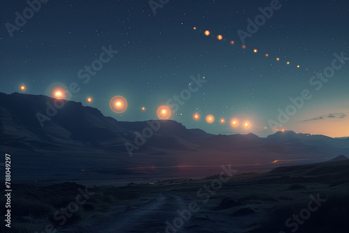 Planetary Alignment: Multiple exposures showing the alignment of planets in the night sky, tech style photo