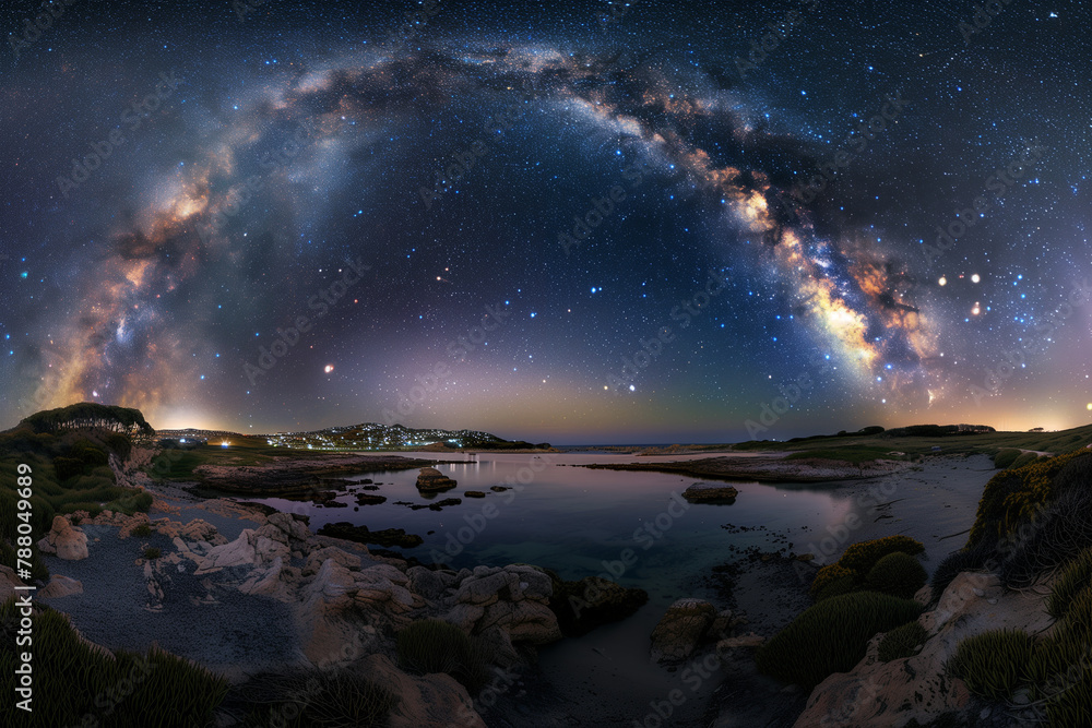 Celestial Landscapes: Wide-angle shot of the Milky Way arching over a serene landscape, tech style