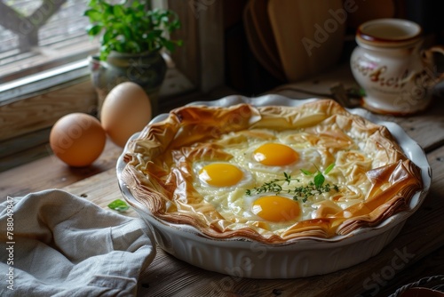 Homemade Bulgarian banitsa with phyllo pastry cheese and organic eggs photo