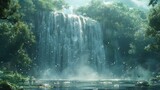 Tranquil Waterfall Surrounded by Lush Greenery and Birds in the Sky