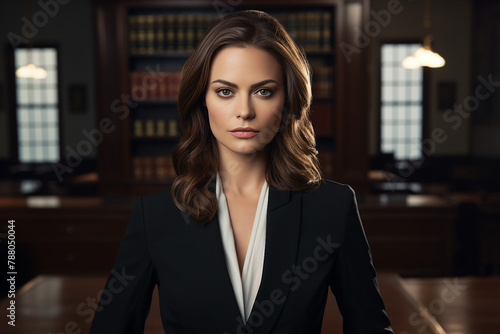 Portrait of a serious woman lawyer with blurred modern law court room background generative AI