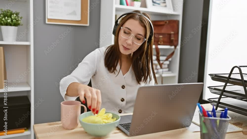 A young brunette woman works attentively on a laptop in a modern office while wearing headphones and eating snacks A young brunette woman works attentively on a laptop in a modern office while wearing headphones and eating snacks