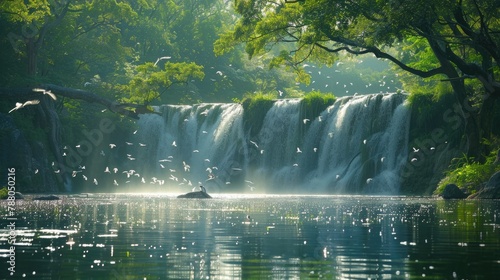 Tranquil Waterfall Scene with Birds and Sunlight