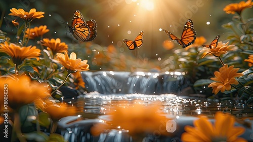 Serene Stream with Vibrant Orange Flowers and Butterflies photo