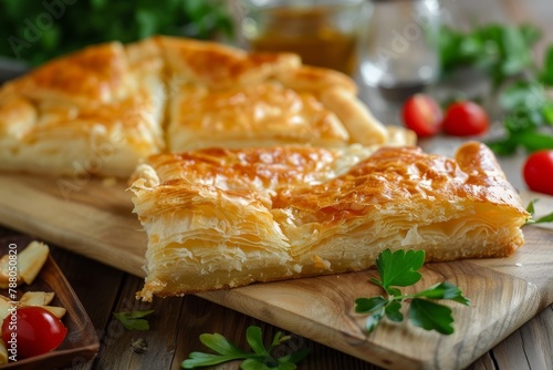 Homemade Greek tiropita with crispy puff cheese crust Focus on quality photo