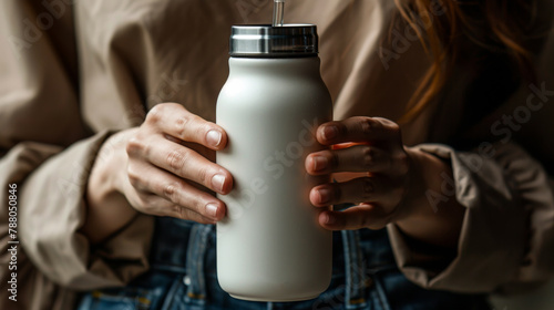 A woman is holding a glass of water with a straw in it