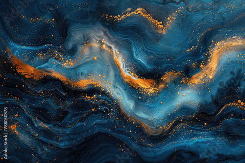 Abstract Blue and Gold Liquid Texture Background with Swirls, dark blue and gold on a dark background. Created with Ai