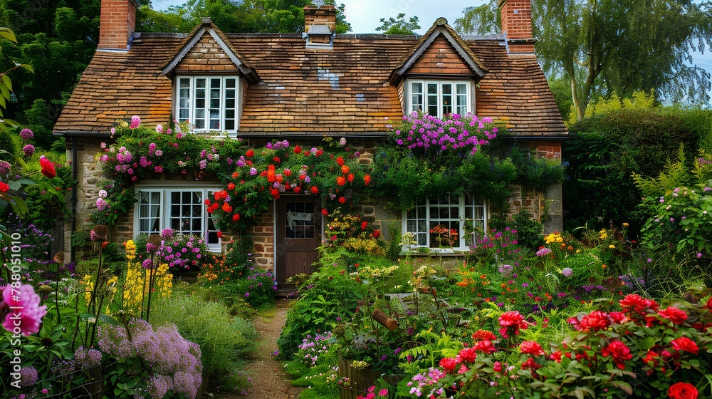 Vintage English Village Cottage with Garden, old house in the village