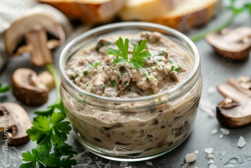 Homemade mushroom pate in a glass bowl on a gray kitchen table Healthy vegetarian option