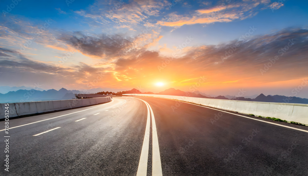 Fototapeta premium beautiful sun rising sky with asphalt highways road background. Generative AI.