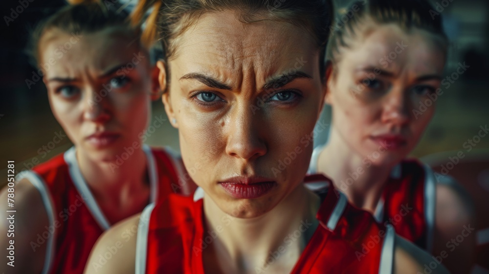 women's basket team, determined female players, looking confidently at the viewer, representing the 'girl power' concept. women's basket team, determined female players, looking confidently at the viewer, representing the 'girl power' concept.