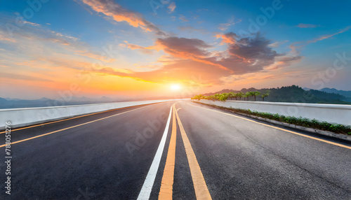 beautiful sun rising sky with asphalt highways road background. Generative AI.