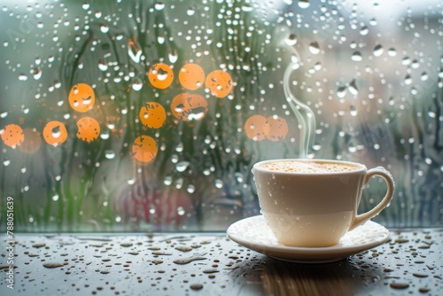 Hot coffee on rainy window sill
