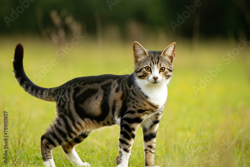 cat in the field. small tricolor cat stands on a green field, animal concept