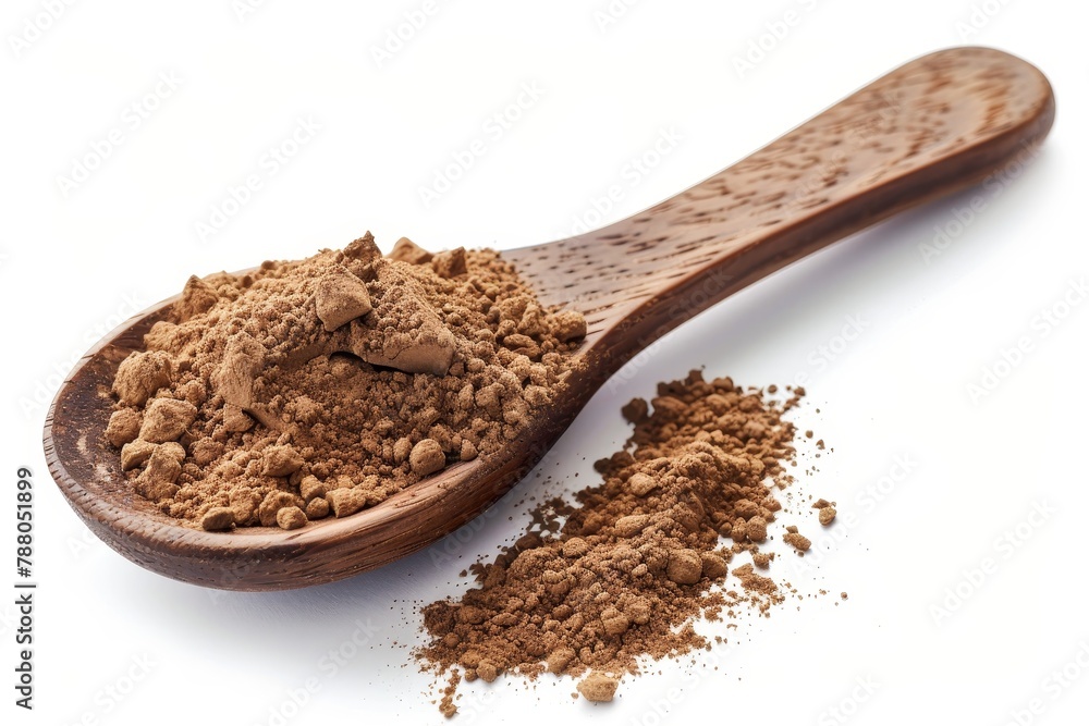 Houjicha tea powder in spoon on white background Houjicha tea powder in spoon on white background
