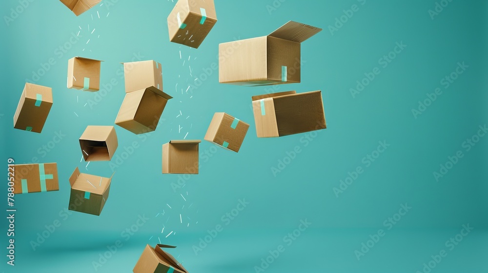 Closed and taped cardboard boxes appear to be suspended in mid-air against a turquoise blue background