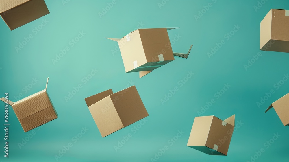 Closed and taped cardboard boxes appear to be suspended in mid-air against a turquoise blue background