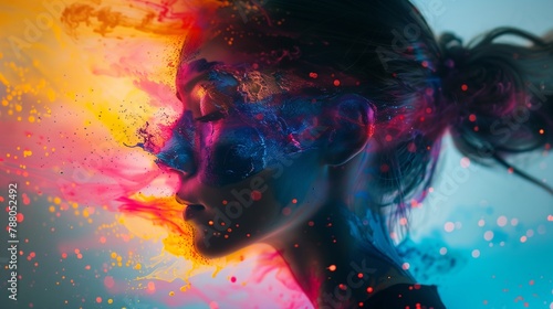 Colourful splash in a woman head, vibrant explosion