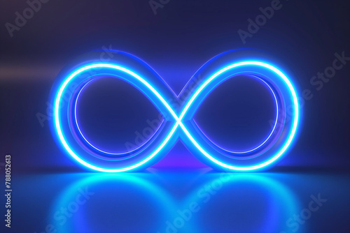Blue neon infinity symbol glowing against a dark background.