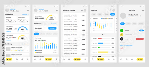 Saas Marketing, Digital Analytics, Earnings, Revenue Tracking and Withdraw History App Ui Kit Template