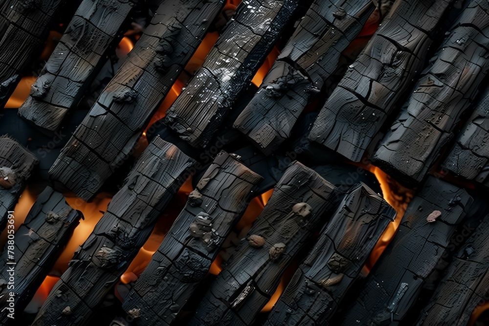 A close up of a fire with logs and flames in the background and a black background with orange and