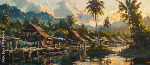 oil painting of village life, landscape with trees and people in Thailand, hut houses, vibrant colors, sunset, palm trees, in the style of local Thai artists photo
