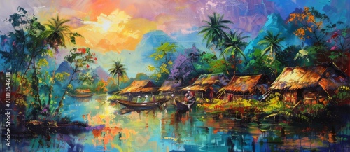 oil painting of village life, landscape with trees and people in Thailand, hut houses, vibrant colors, sunset, palm trees, in the style of local Thai artists photo