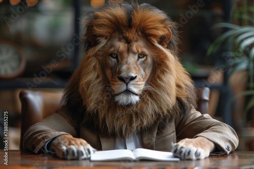A majestic lion engrossed in reading a book at a cafe, portraying intelligence and contemplativeness amidst a human setting photo